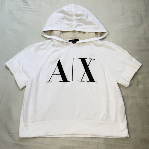 Armani Exchange A|X Cropped Hoodie Shirt XS White Short Sleeve 100% Cotton - Picture 3 of 8